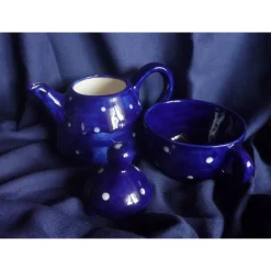 Kaffee- & Teekannen^Keramikarte Blaue Teekanne mit Tasse für 2 Tassen Tee mit Punkten