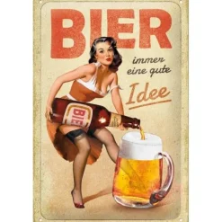 Antik und Kultiges Blechschild Bier immer eine gute Idee – Wanddeko 20x30 cm für Bar, Kneipe & Gaststätte