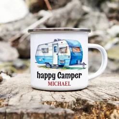Becher & Tassen^Cadouri Camping Emaille Tasse HAPPY CAMPER mit Namen - Motiv 5, Campingbecher, Geschenk für Camper
