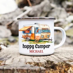 Becher & Tassen^Cadouri Camping Emaille Tasse HAPPY CAMPER mit Namen - Motiv 3, Campingbecher, Geschenk für Camper