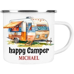Becher & Tassen^Cadouri Camping Emaille Tasse HAPPY CAMPER mit Namen - Motiv 3, Campingbecher, Geschenk für Camper