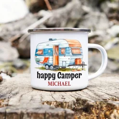 Becher & Tassen^Cadouri Camping Emaille Tasse HAPPY CAMPER mit Namen - Motiv 1, Campingbecher, Geschenk für Camper