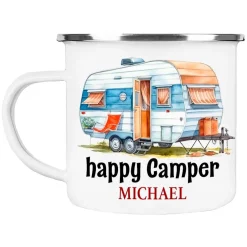 Becher & Tassen^Cadouri Camping Emaille Tasse HAPPY CAMPER mit Namen - Motiv 1, Campingbecher, Geschenk für Camper