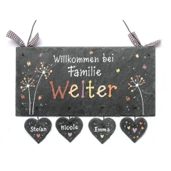 Best Schieferheld edles Türschild aus Schiefer mit Pusteblumen, Haustürschild für Familien mit Name personalisiert, nobles Schieferschild