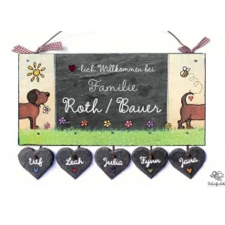 Best Schieferheld Exklusives Schiefertürschild personalisiert – Willkommensschild Familie mit Hund, handgemacht & wetterfest