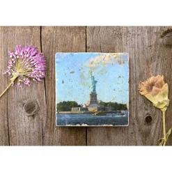 Best BildArt Freiheitsstatue auf Travertin – Handgemachter Untersetzer aus New York