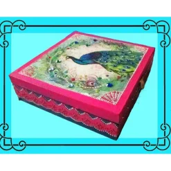 Kisten & Boxen^HerzenswünscheShop Holzschatulle Schmuckschatulle Viereck Petrol Blauer Pfau Punktmalerei Decoupage Kristalle
