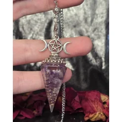 Esoterik^JulesWitchMagic Kristall-Pendel zum Wahrsagen | Amethyst-Pendel, 29,5 cm, Mondphasen-Aufsatz, Schutzsymbol, Heilstein-Kristall, Ruhe und