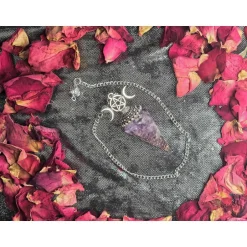 Esoterik^JulesWitchMagic Kristall-Pendel zum Wahrsagen | Amethyst-Pendel, 29,5 cm, Mondphasen-Aufsatz, Schutzsymbol, Heilstein-Kristall, Ruhe und