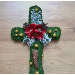 Kunstblumen & -Pflanzen^Geschenke und Keramik Mooskreuz/Grabaufleger mit Christrose in Rot