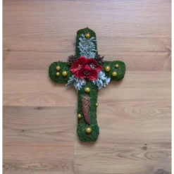 Kunstblumen & -Pflanzen^Geschenke und Keramik Mooskreuz/Grabaufleger mit Christrose in Rot