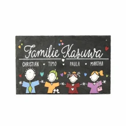 Wanddeko^Schieferheld Personalisiertes Türschild aus Schiefer – Handgemachtes Familienschild mit Namen und Wunschfiguren, wetterfest & exklusiv