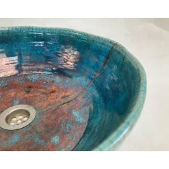 Atelier Schoening restauriertes Waschbecken / Raku / Türkis-Kupfer / Antik  Ø 38 cm Höhe 13 cm