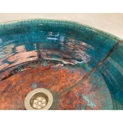 Atelier Schoening restauriertes Waschbecken / Raku / Türkis-Kupfer / Antik  Ø 38 cm Höhe 13 cm