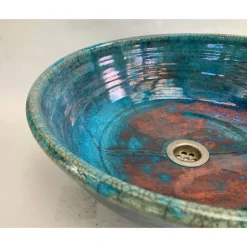 Atelier Schoening restauriertes Waschbecken / Raku / Türkis-Kupfer / Antik  Ø 41 cm Höhe 14,5 cm