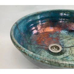 Atelier Schoening restauriertes Waschbecken / Raku / Türkis-Kupfer / Antik  Ø 36,5 cm Höhe 15 cm