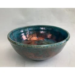 Atelier Schoening restauriertes Waschbecken / Raku / Türkis-Kupfer / Antik  Ø 36,5 cm Höhe 15 cm
