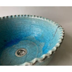 Atelier Schoening Restauriertes Waschbecken leicht oval / Raku / Muschelrand-Seladon / Antik  Ø 41 /38 cm Höhe 16 cm
