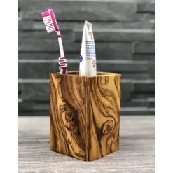 Badutensilos^Olivenholz erleben Utensilienbecher eckig 12 cm für Make-Up-Pinsel aus Olivenholz