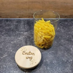 Eingebrannt Vorratsglas mit Echtholzdeckel, Motiv Bratzn weg, handgebrannt
